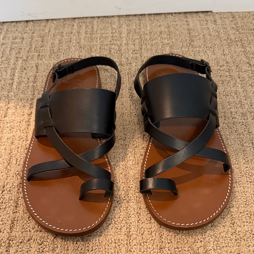 J. Crew Black Leather Strappy Sandals with Brown Footbed